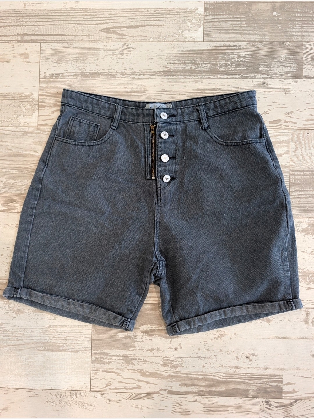 Denim, Charcoal, Black, Button-Fly shorts.